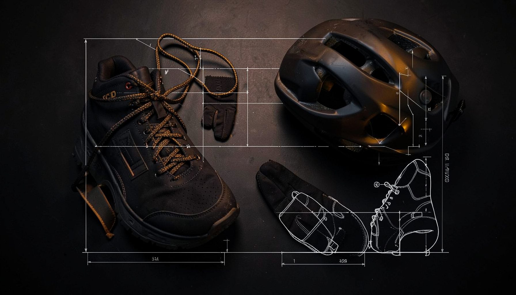 A flat lay of cycling shoes, gloves, and a helmet on a dark surface, with deep blacks and warm amber accents matching the site's moody, premium aesthetic.